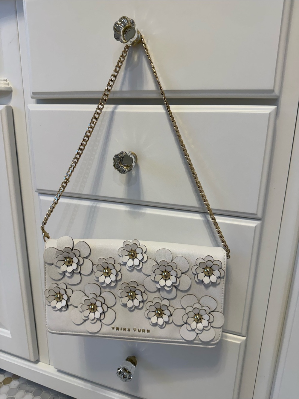 Trina Turk White Floral Applique Shoulder Bag with Gold Chain Strap